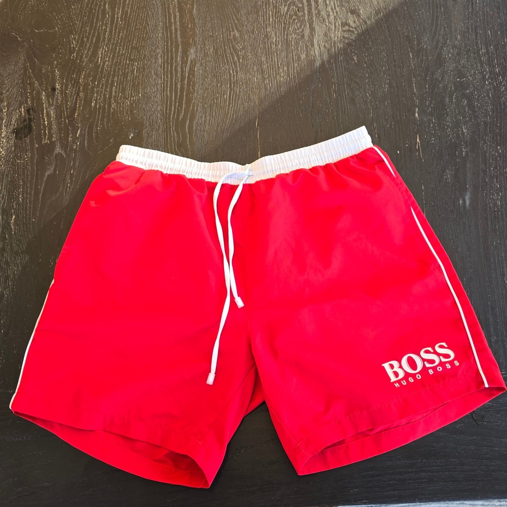 Hugo Boss Starfish BM Mens Swim Shorts Red White Logo Trunks Size S 50220844